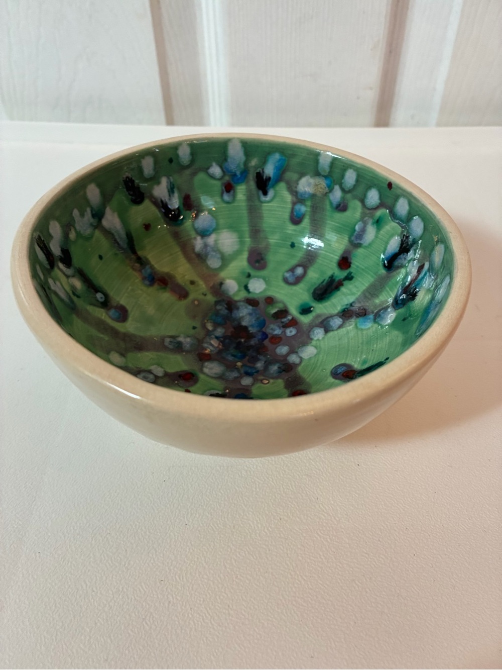 Handmade Studio Pottery Ceramic Catch-All Bowl Green/Blue Glaze Signed 5.5”